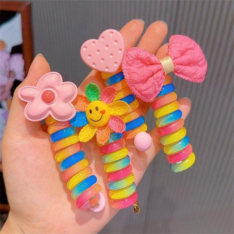 Dây Buộc Tóc Cho Trẻ Em, 2 Cái, Dễ Thương, Nhiều Màu Sắc, Đường Dây Điện Thoại, Dây Buộc Tóc Cho Bé Gái, Hoa Hoạt Hình, Co Giãn, Tóc Đuôi Ngựa Đôi, Dây Buộc Tóc Xoăn 3