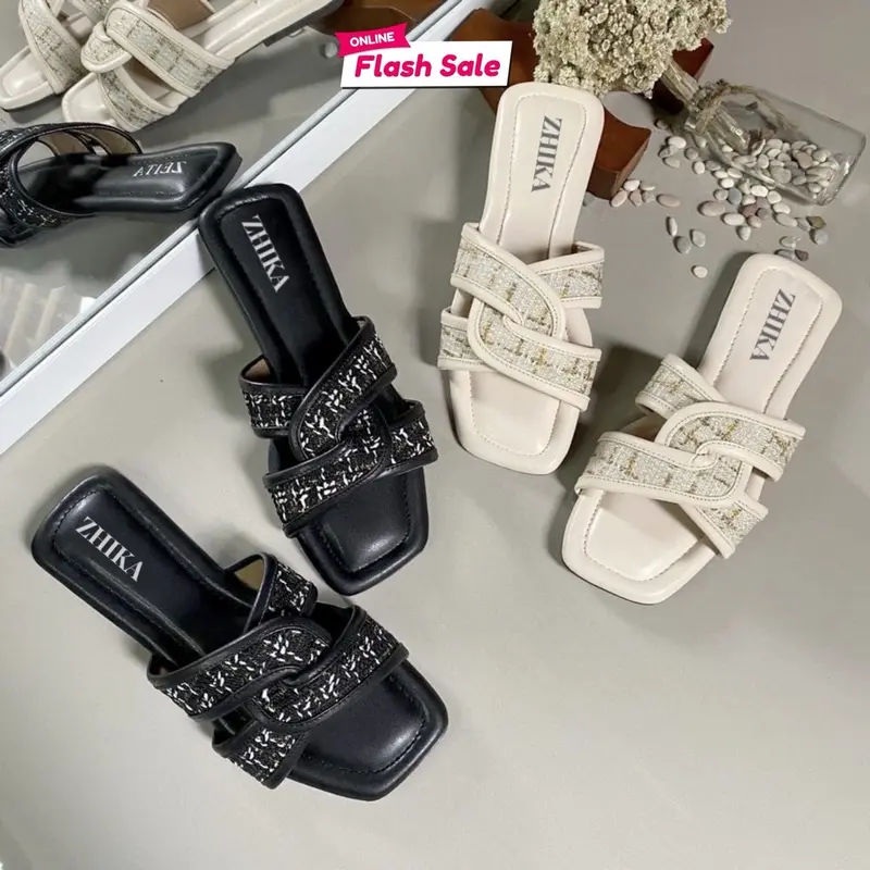 Sandal Teplek Wanita Sendal Cewek Super Empuk Sandal Kasual Trendy Hitam Krem ringan manis selop Shoes 2