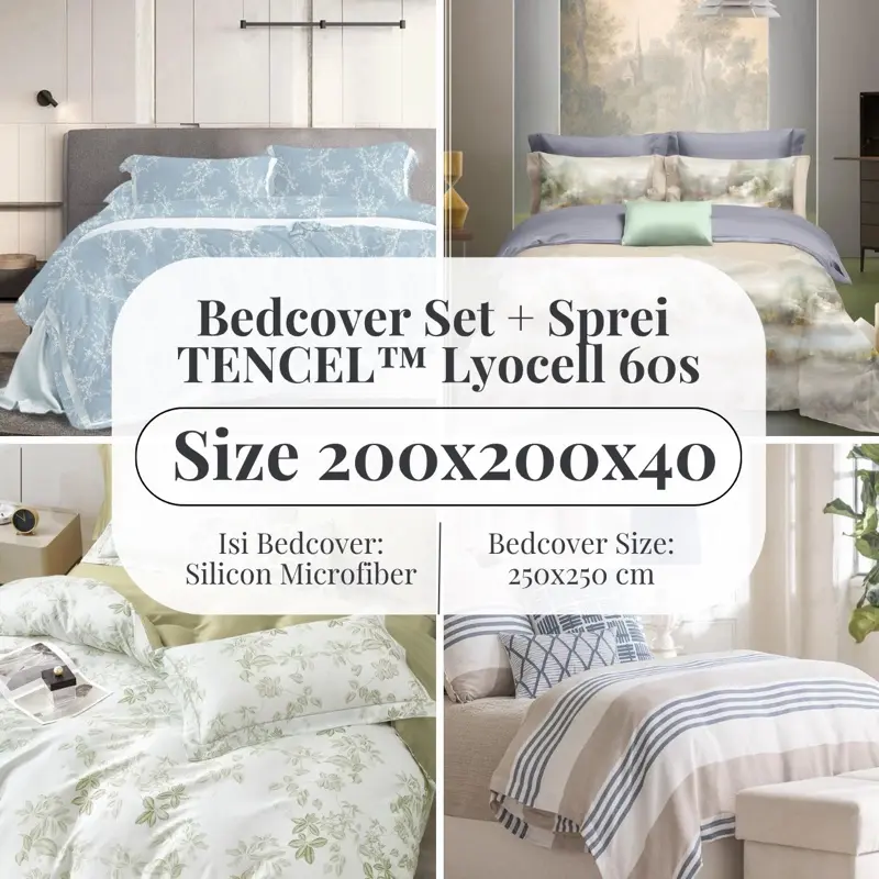 FORTUNA INDAH - Bedcover Set + Sprei Uk 200x200 Tinggi 40 - TENCEL(TM) Lyocell 60s Isi Microfiber Bantal Karet King Sarung Guling Tali