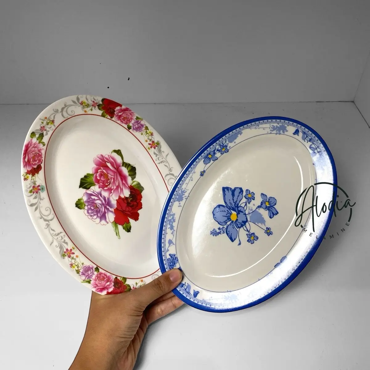 (6 pcs) Piring Saji Oval Melamine Ukuran 22,5cm Motif Kembang **GARANSI PECAH SERTAKAN VIDEO UNBOXING**