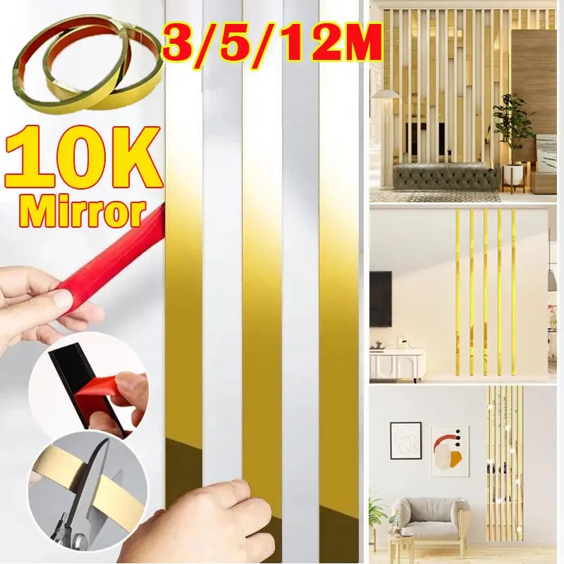 5M/12M List Plat Strip Mirror Gold / Stainless SS201 Steel Flat Decorative Lines / 3D Berperekat Cermin 10K Mirror Strip Wall Sticker / Stiker Dekorasi Lantai Keramik/Interior/Dekorasi list  plat Emas sticker marble akrilik