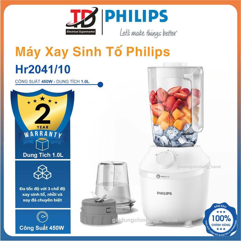Máy Xay Sinh Tố Philips Hr2041/10, 450W xay ProBlend Nhuyễn Mịn - 2 Cối Nhựa, Hàng chính hãnġ