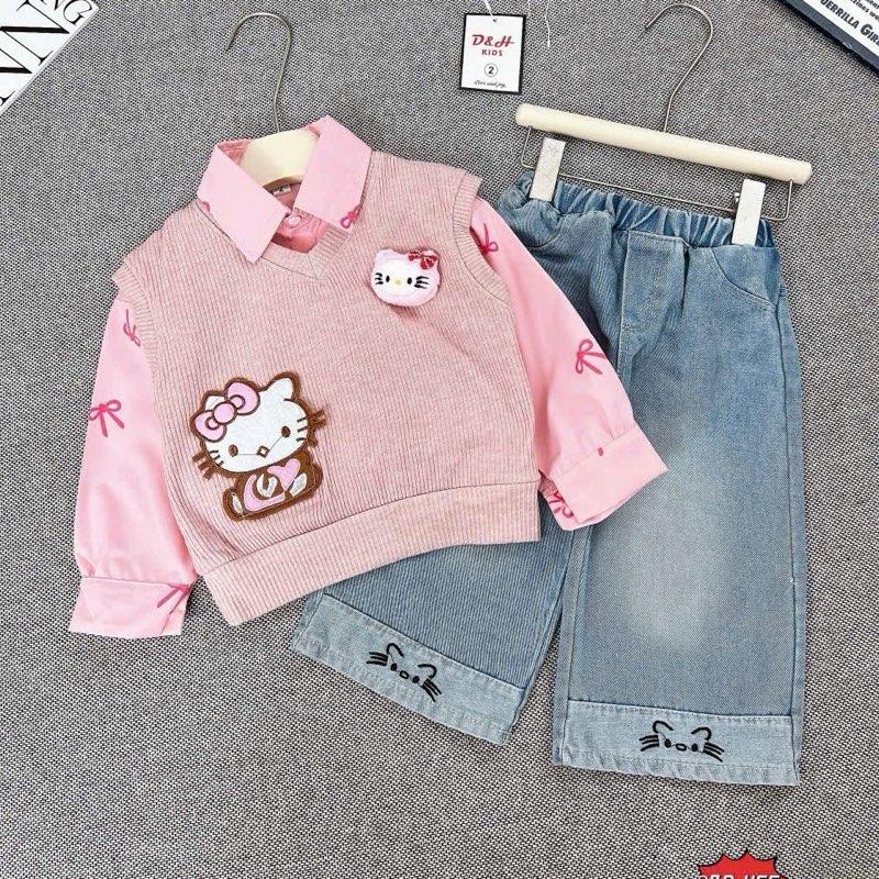 Set bộ gile hồng 3 chi tiết: áo gile len tăm+ áo sơ mi nơ hồng,kèm quần jean thêu xinh đẹp dành cho bé gái 8-30kg