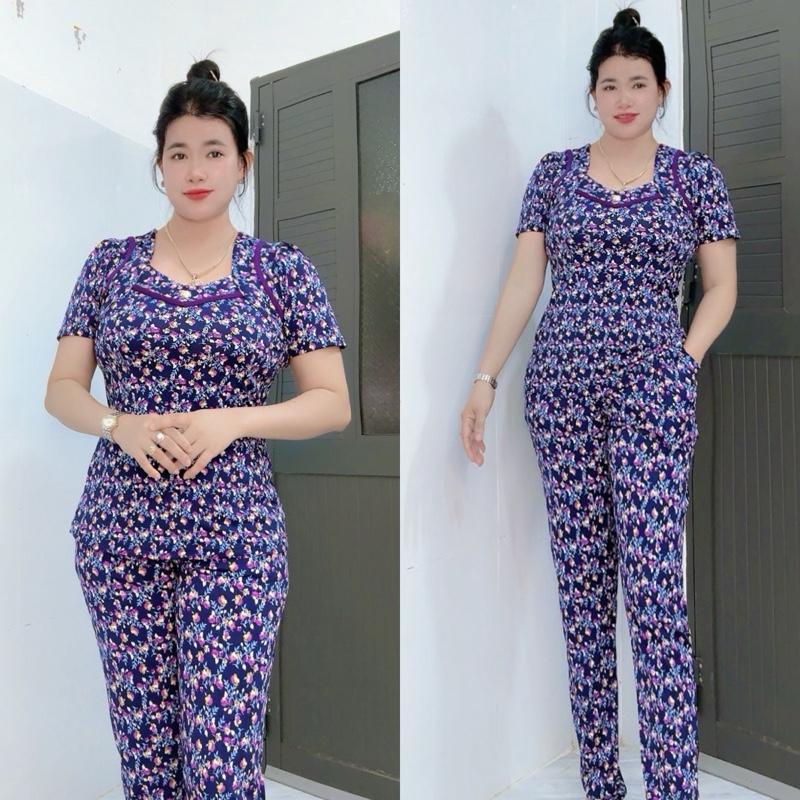  Đồ Bộ Nữ Thun Aty Quần Dài ống ôm Tay Phồng Size 48-85kg Thiết Kế Hoa Sắc Màu Thoải Mái Cho Vóc Dáng - Ong 