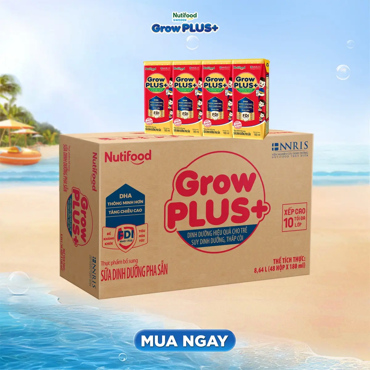 [CÓ ĐƯỜNG/ÍT ĐƯỜNG] Thùng sữa bột pha sẵn Nutifood Growplus+ Đỏ_dòng Suy Dinh dưỡng (180ml x 48 hộp)