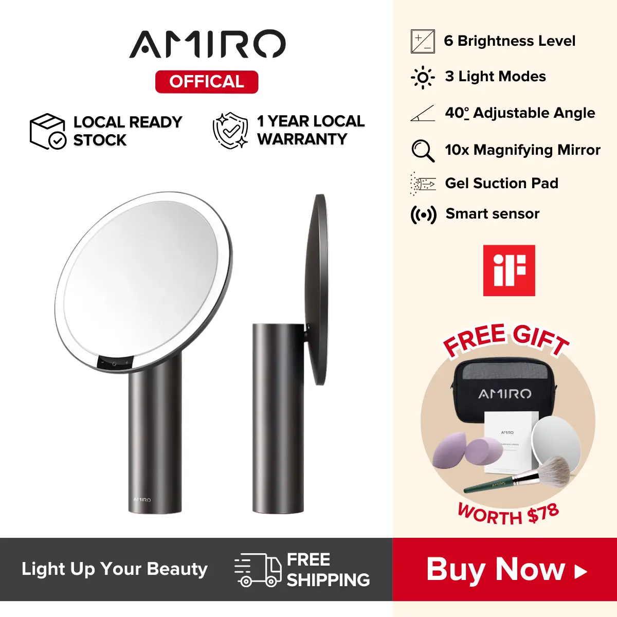 [BUY 1 GET 4] AMIRO O2 LED Vanity Makeup Mirror (Black Color) | Gel Suction Pad, 3 Light Modes Adjustable Brightness & Angle
