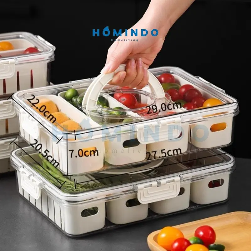 (BISA COD) HOMINDO Kotak Penyimpanan Kulkas Food Container Serbaguna dengan Saringan  Plastik Buah Cuci Sayuran Putih Wadah 1