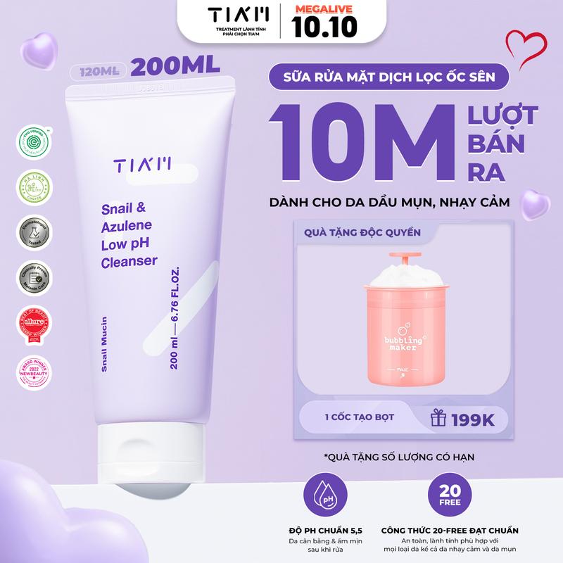 [LIVE] Sữa Rửa Mặt Tinh Chất Dịch Lọc Ốc Sên Làm Dịu Và Hỗ Trợ Phục Hồi Dành Cho Da Dầu Mụn, Nhạy Cảm TIA’M Snail & Azulene Low pH Cleanser 200ml