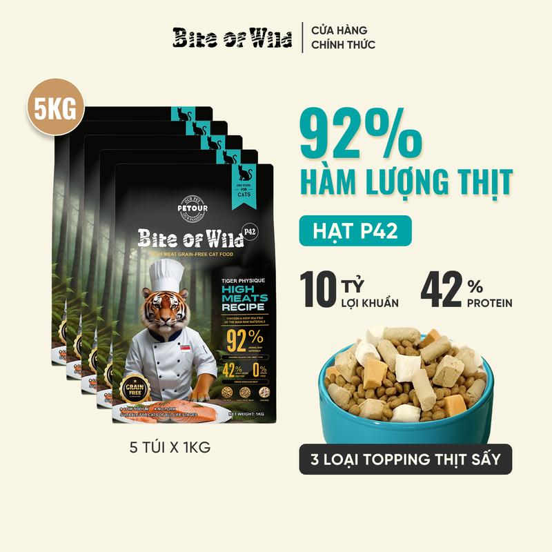 THỨC ĂN CHO MÈO 5 Túi hạt cao cấp Bite Of Wild P42 1kg KHÔNG CHỨA NGŨ CỐC có viên sấy khô cá hồi thịt tươi thịt gà dành cho mèo mọi lứa tuổi