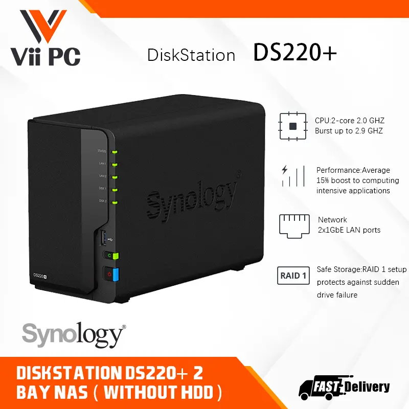 Synology DiskStation DS220+ 2-Bay NAS ( without HDD ) -Dual Core 2.0 GHz (turbo to 2.9 GHz), 2GB RAM (up to 6GB)