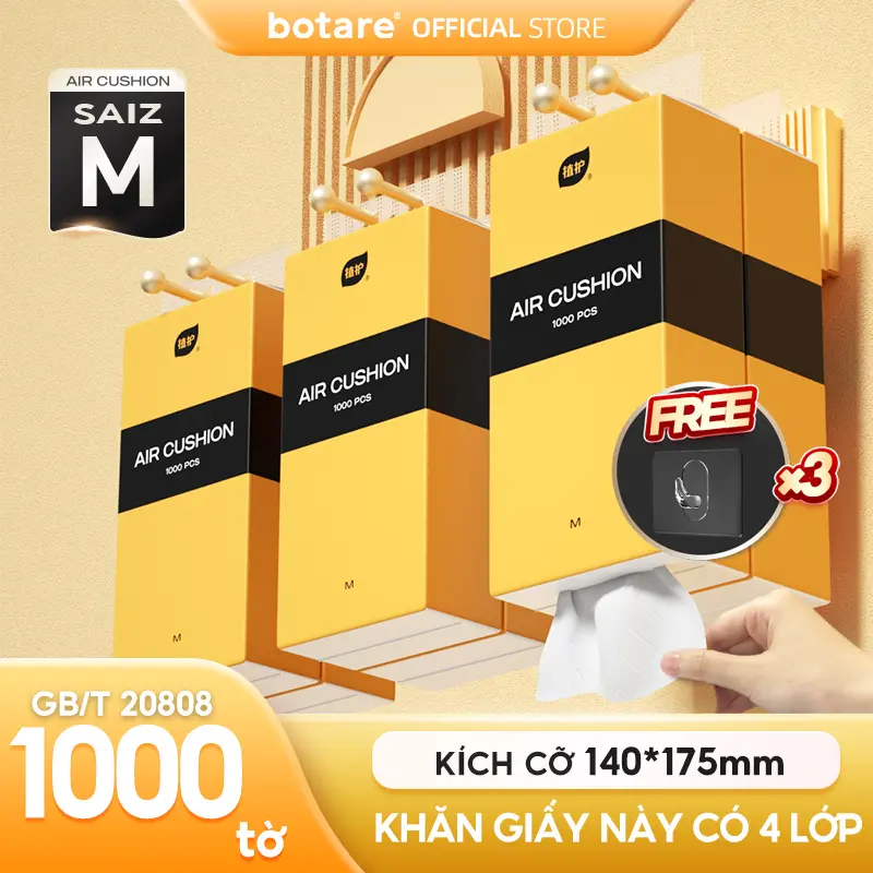 Bộ 9 tờ giấy lau Botare AIR-cushion, vui vẻ, 4 lớp, 1000 tờ, kích thước 140 × 175 mm