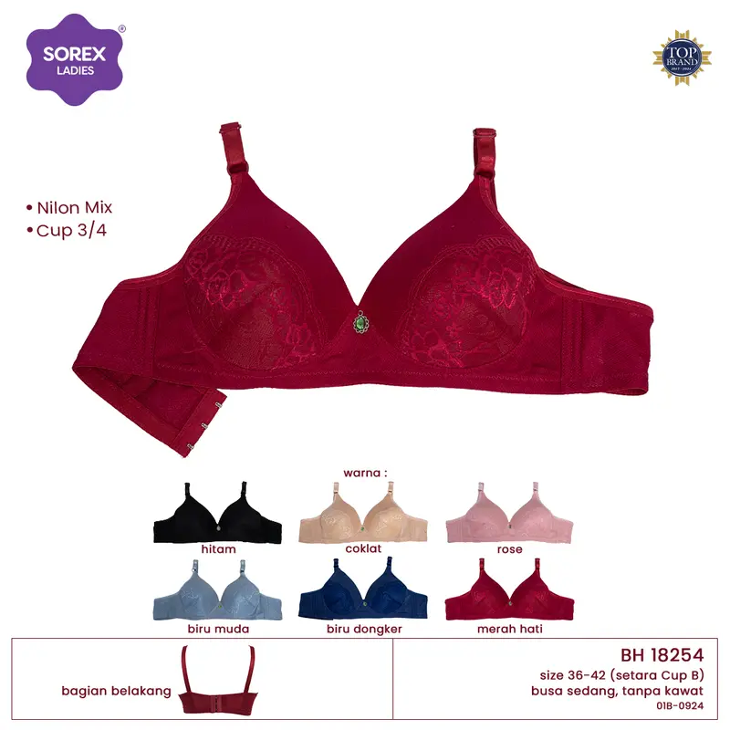 Sorex Bra Tanpa Kawat Busa Kait 3 Cup B Cup 3/4 Nilon Mix Bra Harian BH 18254 2