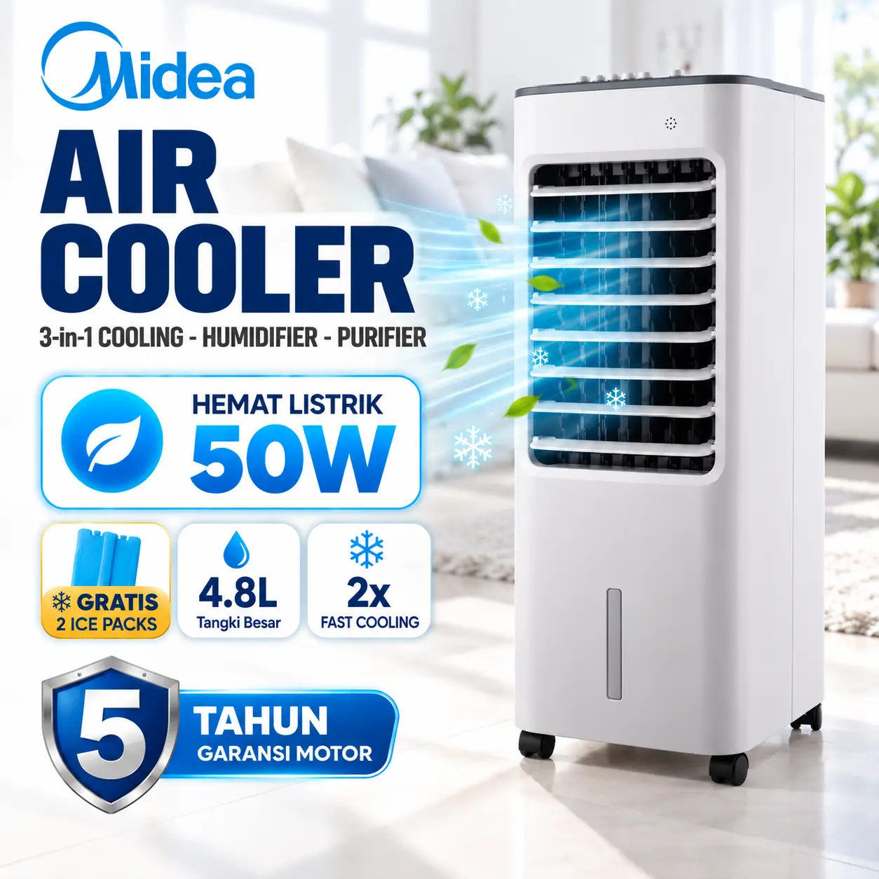 Midea Air Cooler 3 Varian AC100-18B / AC100-25B / AC100-25BR 4.8L-5L 50W-65W Pilihan Remote