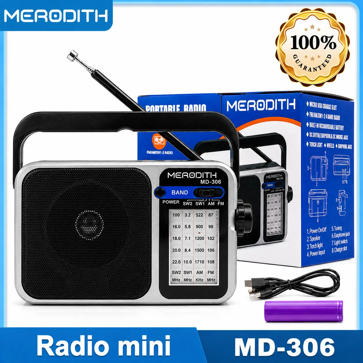 (COD) 100% Ori Radio MD-306 Speaker FM/AM/SW1/SW2 Portable 4 Band Pocket Radio mini dengan senter antena