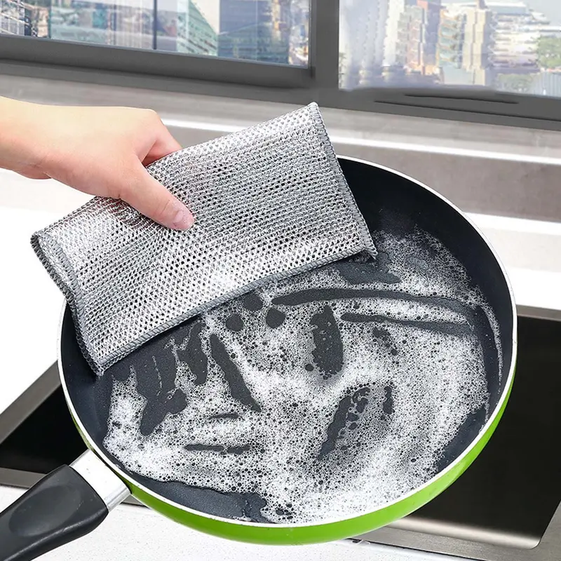Vải lau ma thuật bằng Dây bạc, 10 cái, Khăn lau bát đĩa nhà bếp, Vải lau bằng dây thép kim loại, Thích hợp cho nồi và bát đĩa, Dụng cụ làm sạch 5