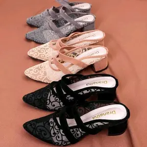 Apollo Dranatha Heels Wanita 5 cm Hitam - Sandal Beludru Lace Tinggi 5 cm Warna Hitam Moka Abu Ready Stock