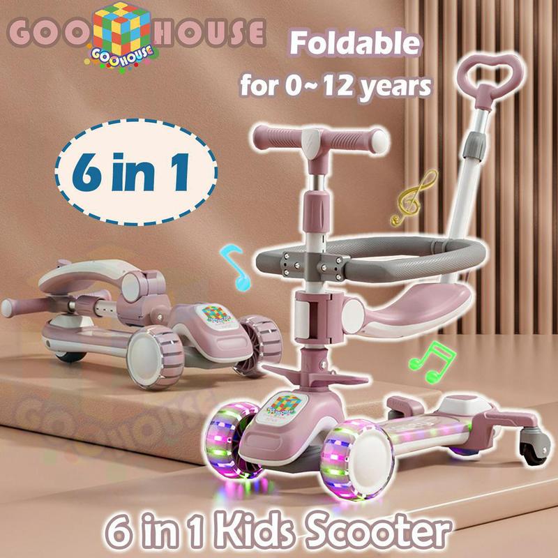 6 in 1 Skuter Anak Kids Scooter Skuter Lipat untuk 0-12 tahun Multifungsi Skuter Musik Bangku Lampu skuter anak roda 3 1