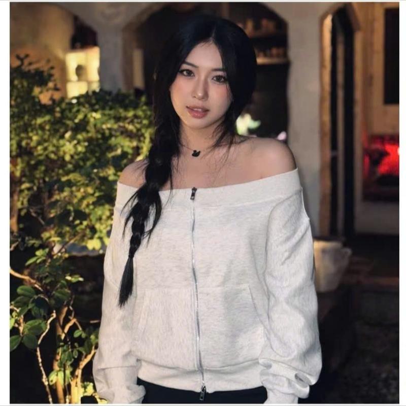 MỞ BÁN giảm 48%{ Áo Khoác Nỉ Trễ Vai Kiểu Nữ Dáng Hở Vai Có Khoá Kéo Mùa Thu Đông chất nỉ tàu mịn