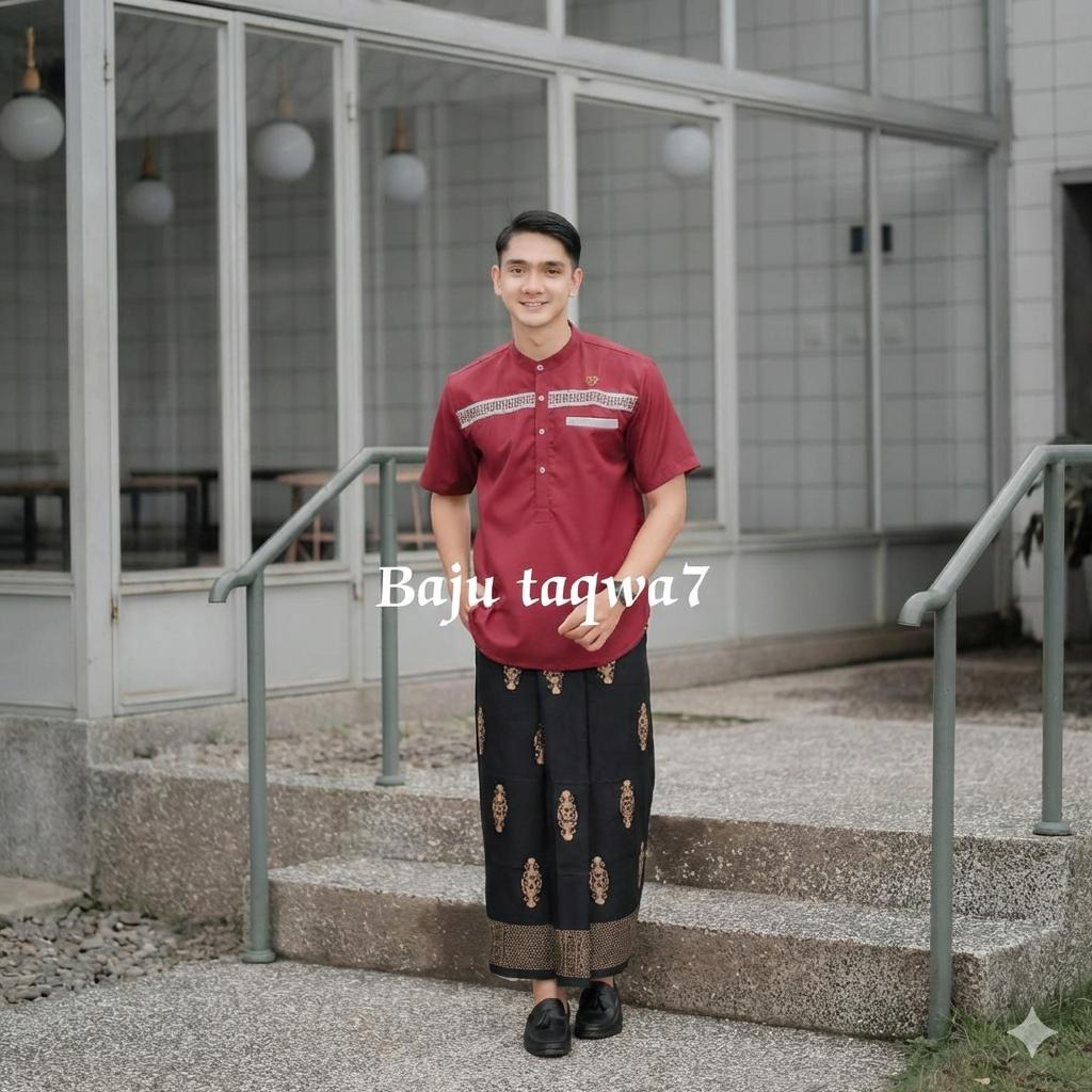 Paket Sarko Set sarung dan Baju koko muslim pria Lengan Pendek bahan katun