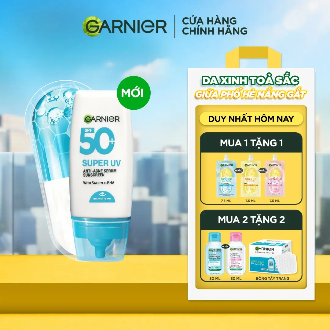 [MỚI] [MUA 1 TẶNG 1]  Kem Chống Nắng Garnier Phổ Rộng 12H Kiềm Dầu & Hỗ Trợ Giảm Mụn Spf 50+PA++++ 30ML