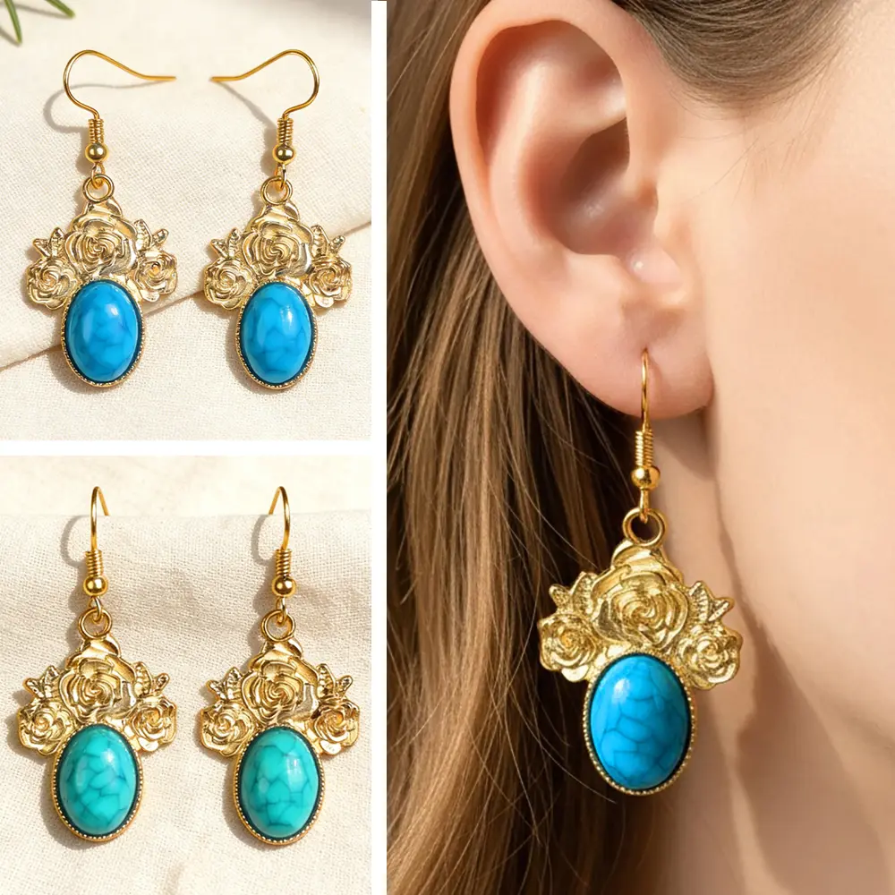 Anting Vintage Mawar Turquoise Premium | Anting Etnik Mewah Wanita | Fashion Elegan Bohemian Korea Retro