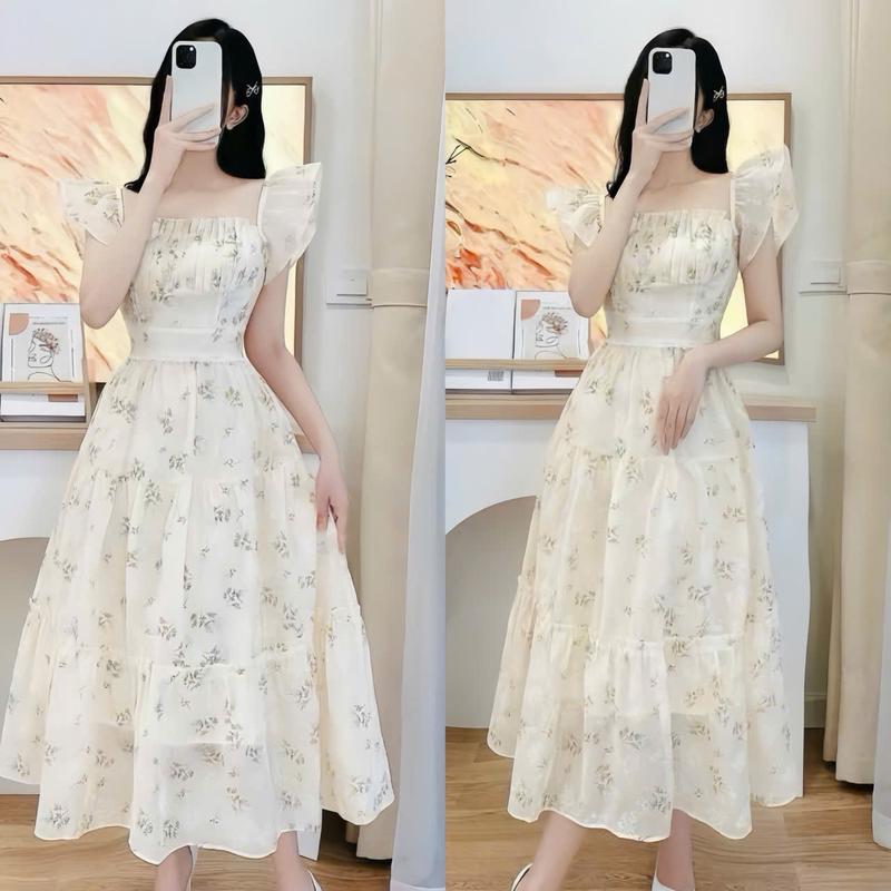 Đầm váy nữ voan hoa thiết kế tay cánh tiên cổ vuông xếp ly ngực (có mút ngực) có lót dáng xòe dài xinh xắn dành cho các nàng diện đi chơi, đi tiệc.
