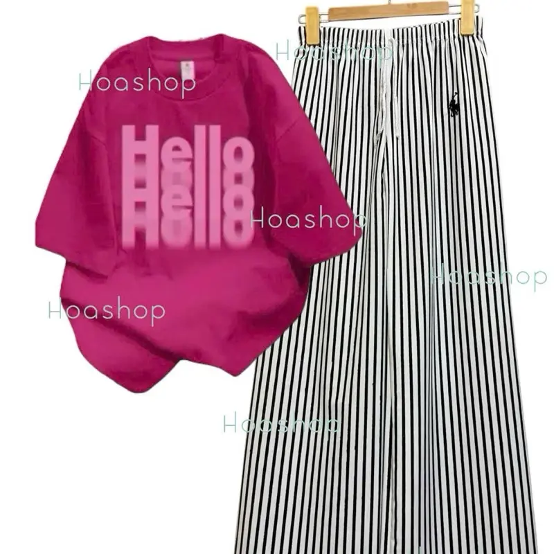 ￼Set bộ áo thun cotton form rộng mix quần xuông kẻ dọc thêu ngựa hot women 3
