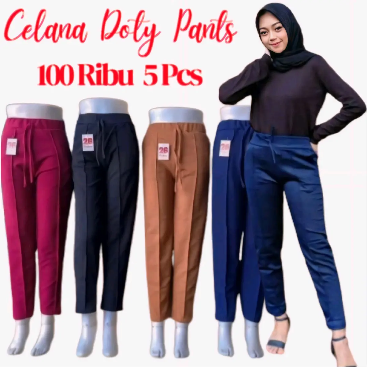 ( 5 PCS ) CELANA DOTY PANTS Bawahan Wanita Celana Panjang Wanita Dewasa Kekinian Pinggang Karet