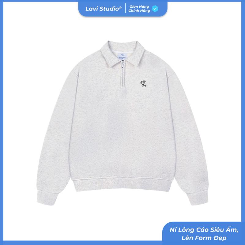 Áo Sweater Zip Lavi Studio Nỉ Lông Cáo Logo thêu áo nỉ dài tay cổ bẻ khóa kéo
