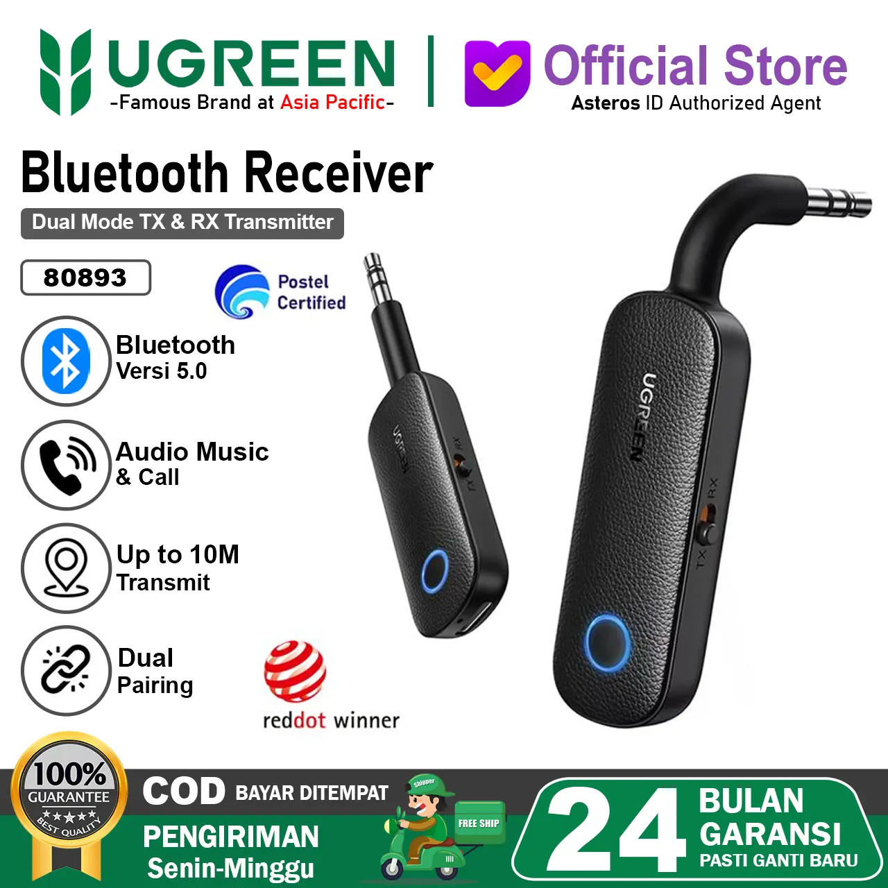 UGREEN Bluetooth Receiver 5.0 Transmitter 2 IN 1 With 3.5mm 80893