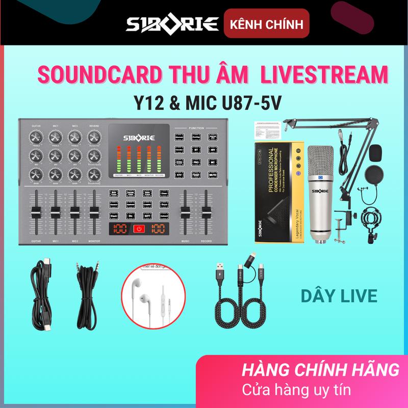 SIBORIE Sound Card Y12 - U87 5V Thiết bị LivesTream Thu âm Hát Chuyên nghiệp ĐI kèm tai nghe ,Kẹp mic