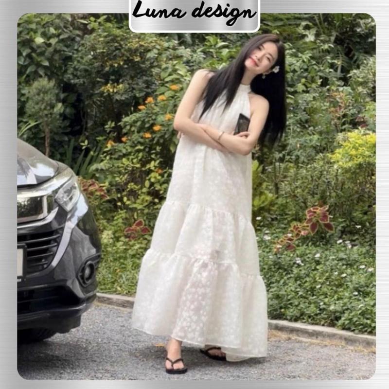 Váy maxi LUNA DESGIN cổ yếm thêu hoa bay hai lớp đi biển, đầm xòe thiết kế đi…