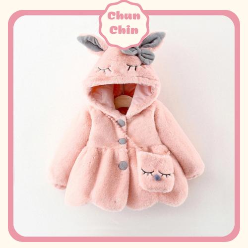  AK047 -  8-17kg  Áo Khoác Lông Hồng Mũ Tai Thỏ Nơ Xám Kèm Túi Bé Gái 