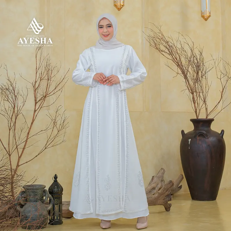 AYESHA Gamis Putih Wanita Kekinian Abaya Turkey Terbaru Mewah Elegan Premium 044 Putih 1
