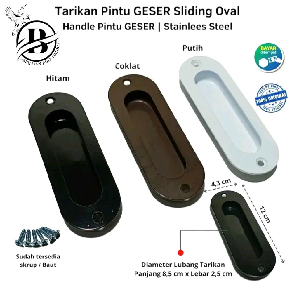 Handle Tanam Kom Tarikan Pintu Geser Sliding Premium Quality Stainless Model Oval - Warna Hitam Putih Coklat