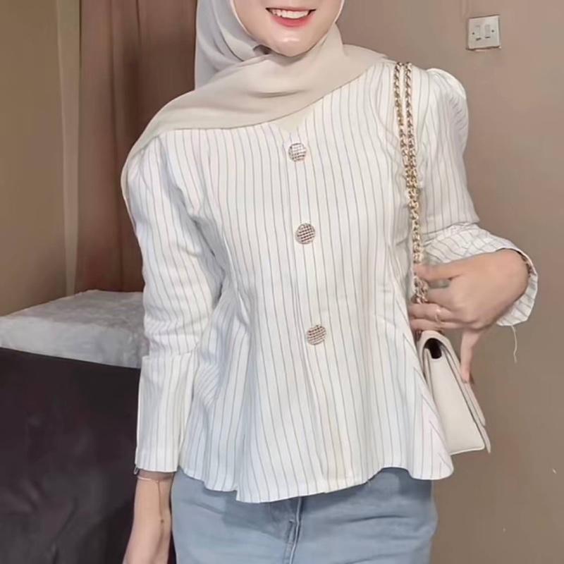 Arika Blouse Stripe Atasan Peplum Wanita Salur Lengan Puff Fit Body Fitted - Blouse Atasan Wanita Panjang Baju Kerja Cewek Casual