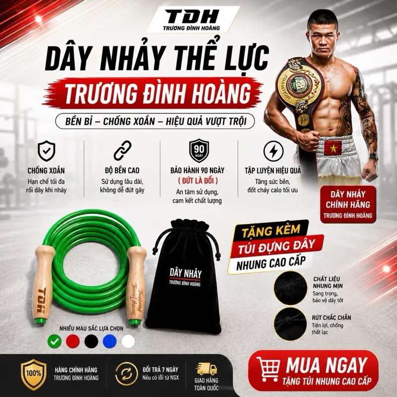 Dây Nhảy Thể Lực Trương Đình Hoàng - Tăng Sức Bền Cơ Bắp, Chân Linh Hoạt, Phù Hợp Boxing Muay Thai MMA, Chiều Dài 3m, nặng 450gr, Tặng Túi Đựng Nhung Cao Cấp