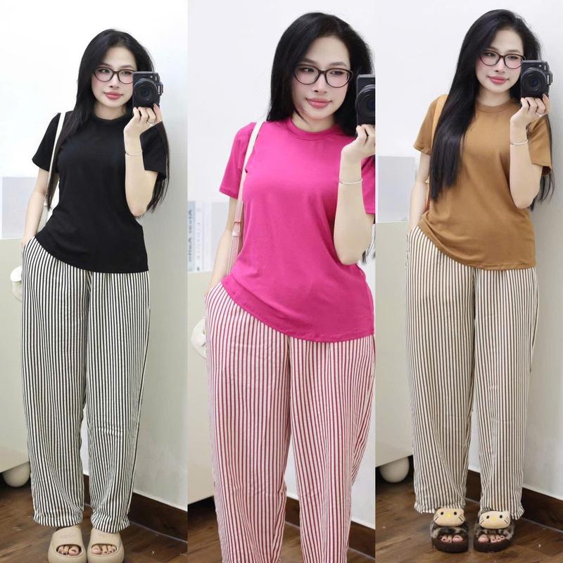 Set Bộ Nữ Áo Trơn Cotton Tici Mix Quần Baggy Đũi Sọc Thời Trang Nữ Chất Liệu Cotton Tici Thoải Mái Mềm Mại Phong Cách Nữ Tính Hiện Đại