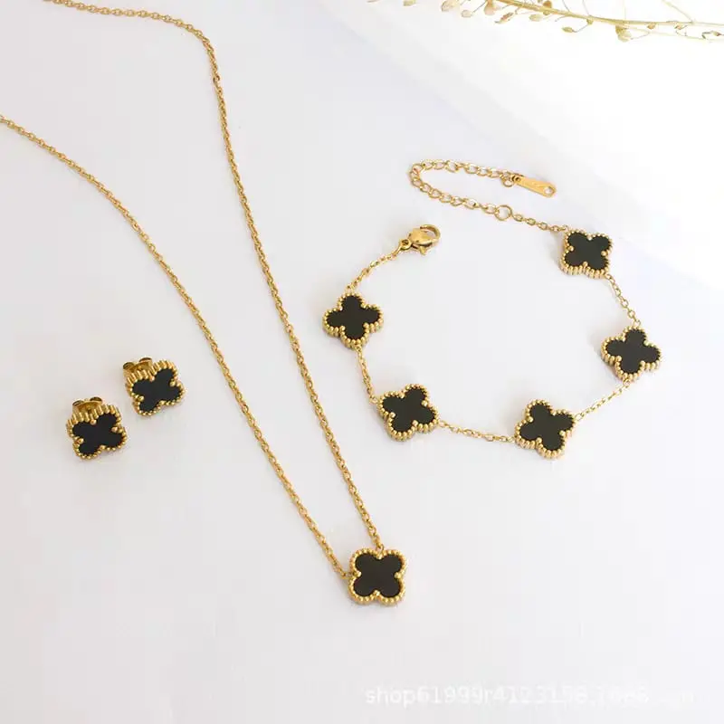 Set Aksesoris Kalung, Anting, dan Gelang Titanium Wanita Bunga Mewah Elegan Anti Karat 2