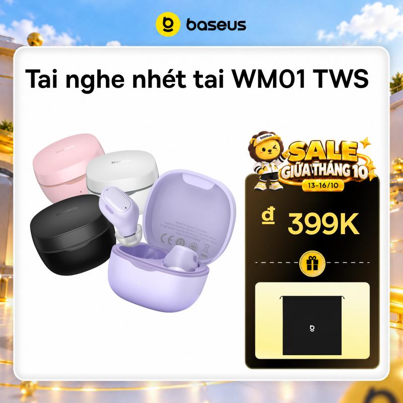 [Baseus] Tai nghe nhét tai không dây Baseus WM01 TWS Bluetooth 5.3,hỗ trợ nghe gọi 2 chiều, khử tiếng ồn, điều khiển cảm ứng, hỗ trợ chơi game, thể thao, nhiều màu sắc Earphone