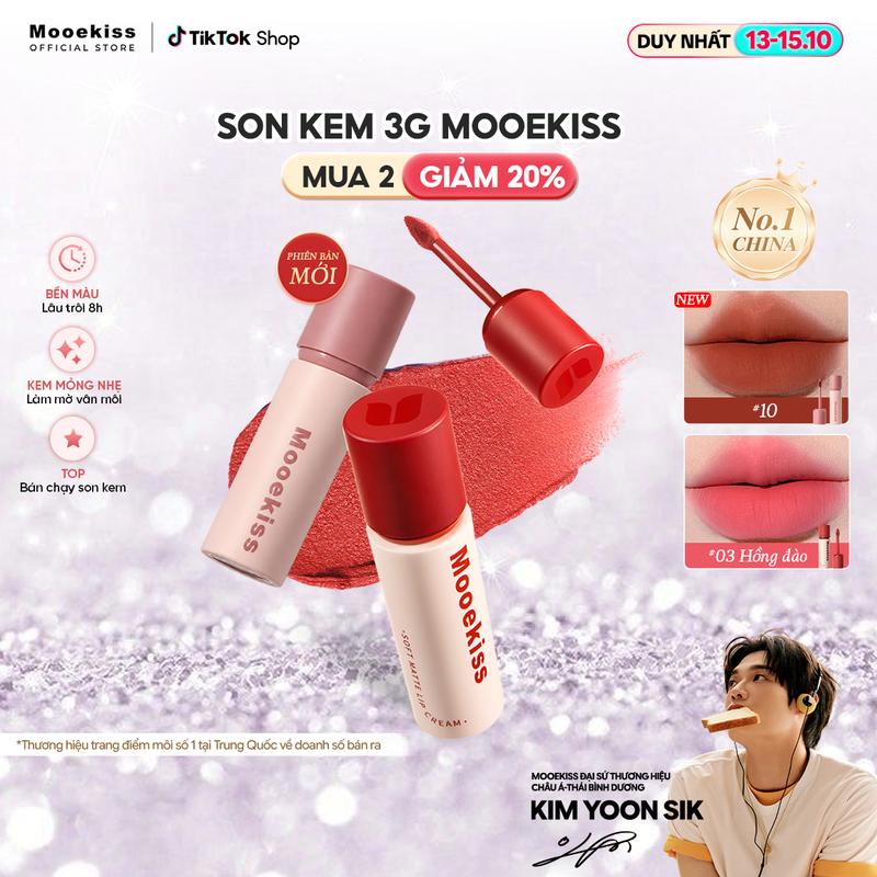 [MUA 2 GIẢM 20%] Son kem lì Mooekiss finish mịn lì, tôn da sáng, không dính ly, không khô môi, nhẹ như không khí 3g