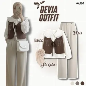 Outfit Wanita 3in1 || Blouse + Celana + Hijab Bella Square || OOTD Hangout Remaja Kekinian-AB87