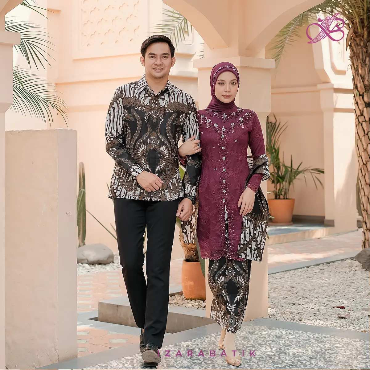 Anggita Burgundy - Setelan Baju Wanita Kebaya Batik Modern Couple Atasan Sarimbit Pasangan Wisuda Lamaran Kondangan [izarabatik]