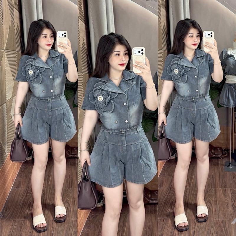  Bộ JEAN ko giãn   Áo tay ngắn cổ may ren gài nút mới. Quần đùi lưng thun Top Nữ 