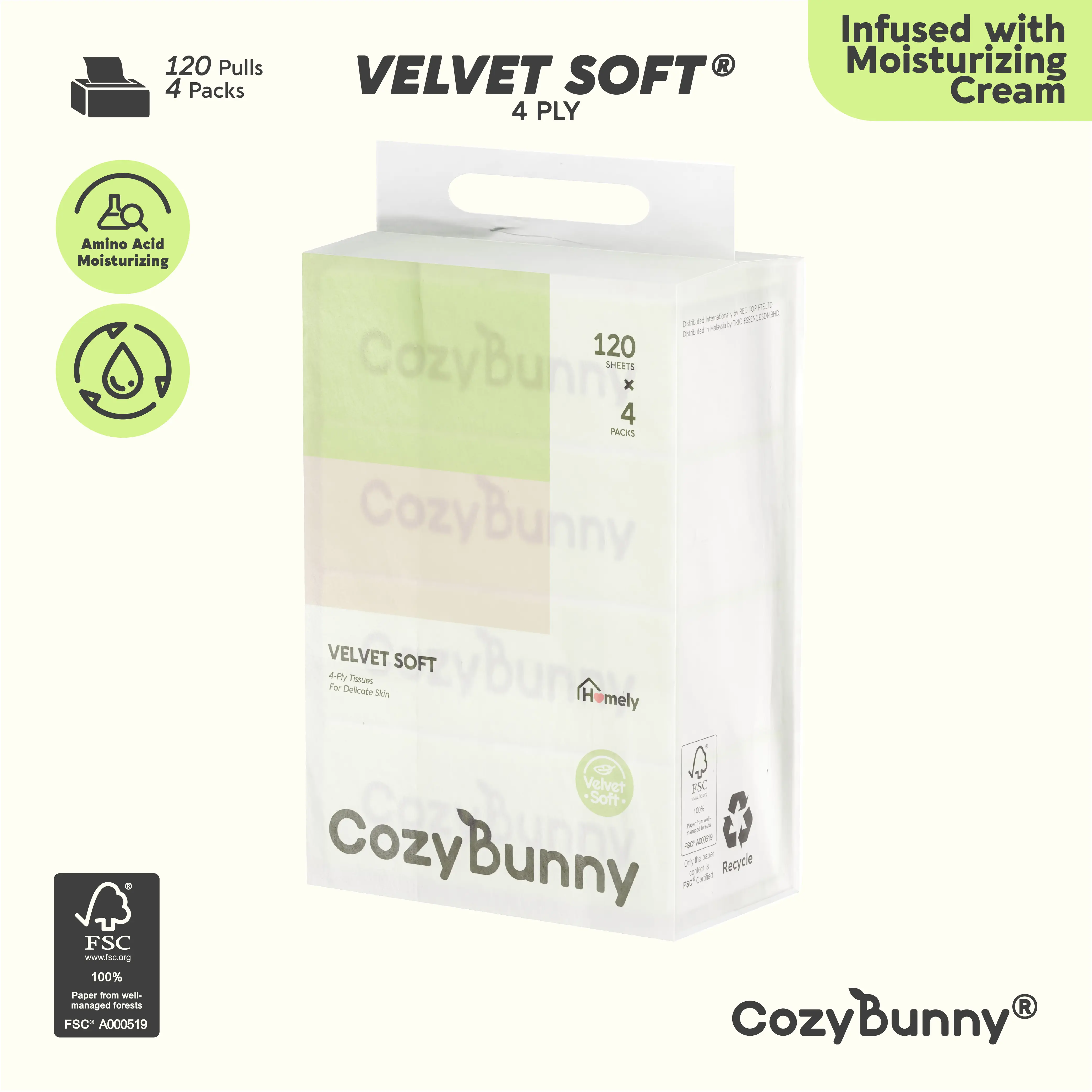 CozyBunny Velvet Soft 4-Ply Facial Tissues | 4 Packs x 120 Sheets | Comfortable & Skin-Friendly  Premium household tissue paper for sensitive skin, daily hygiene, family care, home & office use