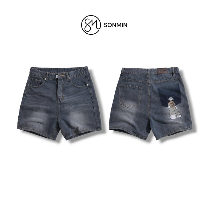 STREETWEAR SHORT JEANS - Quần short jeans wash thêu hình form ống rộng Sonmin.
