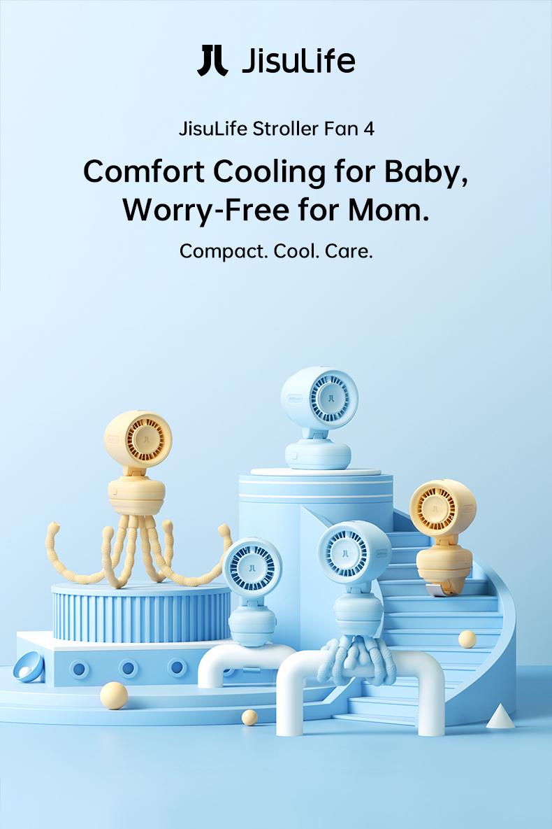 JisuLife Stroller Fan 4 Rechargeable Portable Mute Baby Fan Octopus Clip Table 3 in 1 USB Fans 5 Speeds Strong Wind Bladeless Safety With Light For Car Crib Pet Office Outdoor Camping