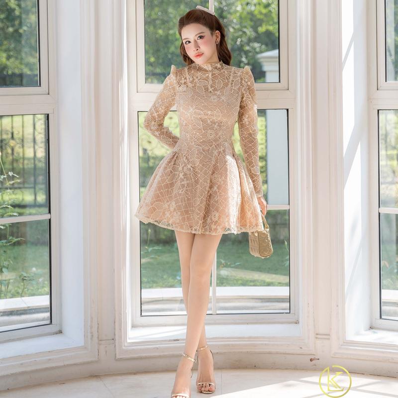   Kiều Linh -Váy Dự Tiệc Thiết Kế Dáng Ngắn KL819 chất liệu Ren Thêu Hoa Cổ Cao Chân Váy Xinh Xòe Nhẹ 2 Lớp Lót Giấu Đường May Kĩ 