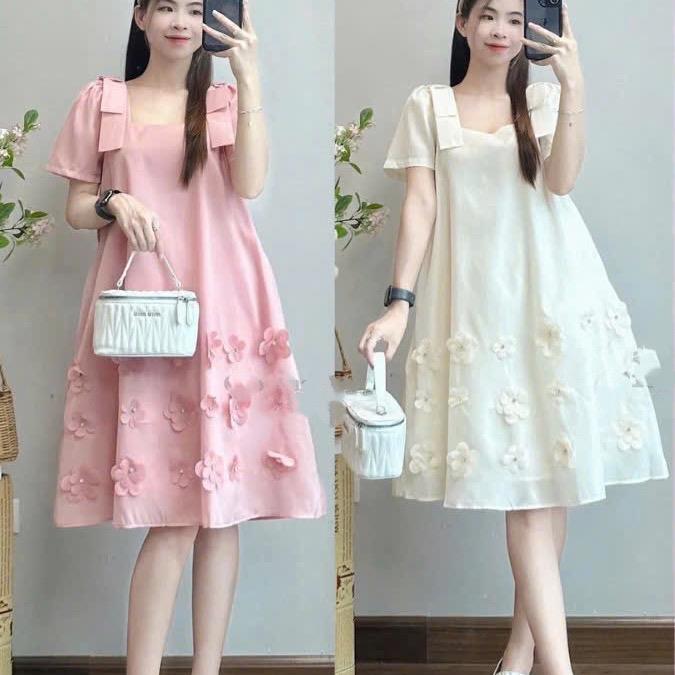 Váy bầu cộc tay nhiều cổ vuông hoa điệu đà vải voan mẫu hót 2025 B337