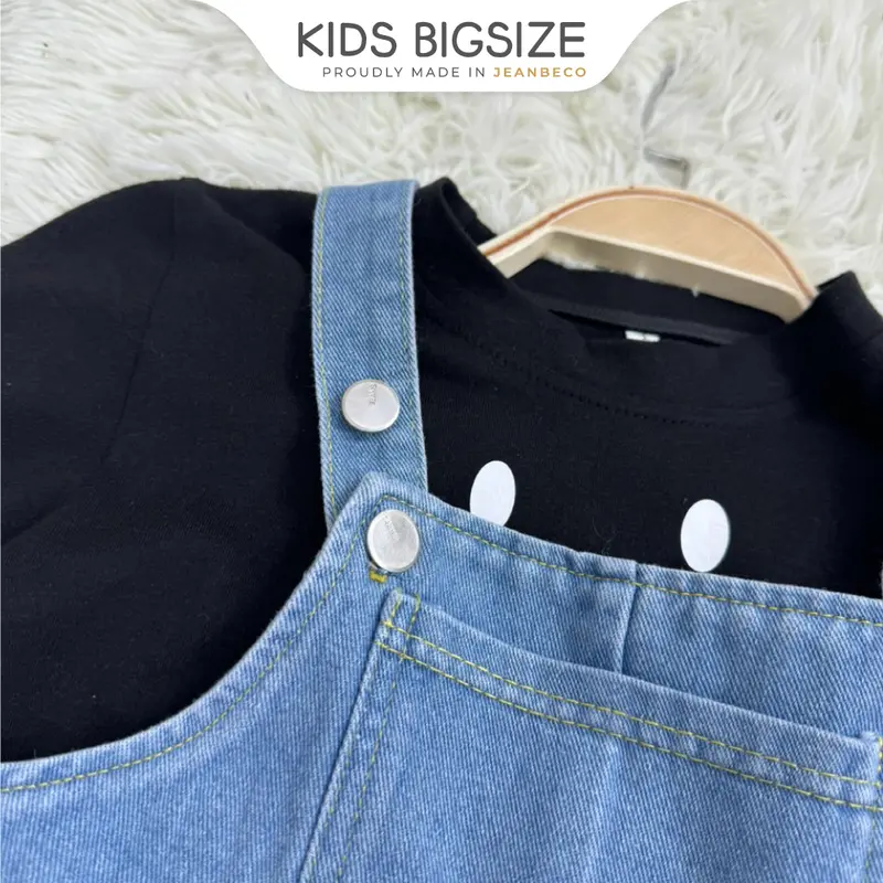 Quần yếm jeans hai dây KIDS BIGSIZE, yếm jean dáng dài cho bé gái bé trai màu xanh phối viền line form rộng QYD010 2